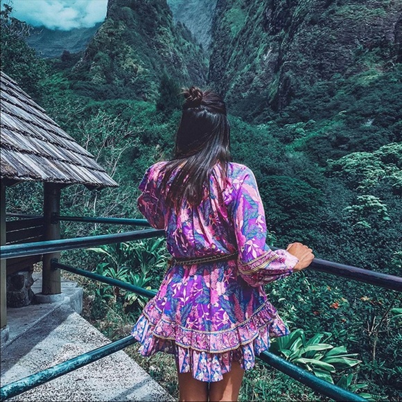 Purple Boho Floral Gypsy Print Dress Long Sleeve - Picture 5 of 16